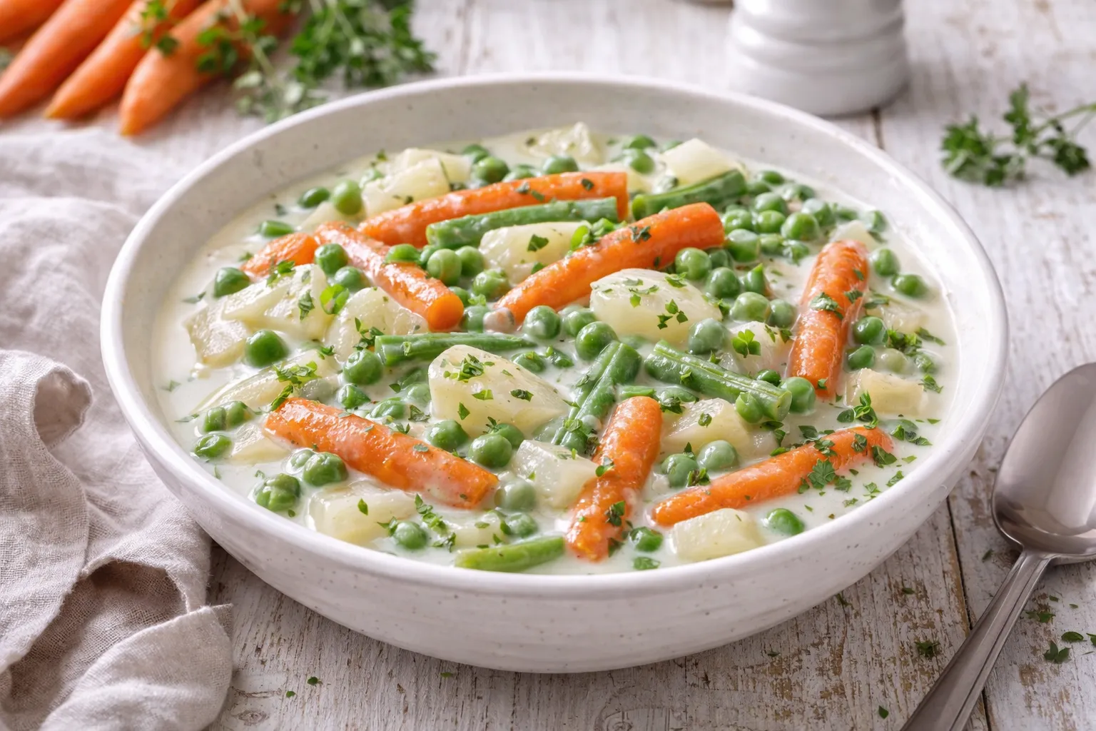 Gemüse in Milchsoße mit Erbsen, Möhren und Bohnen in weißer Schüssel auf weißem Holzhintergrund