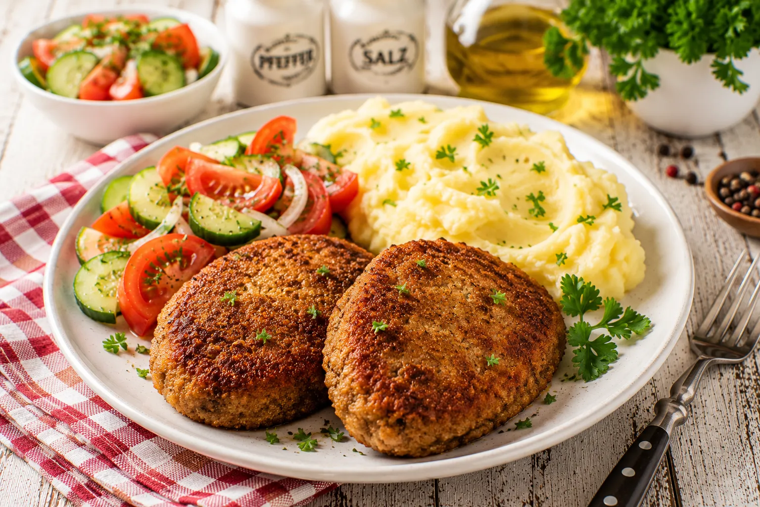 Goldbraune Hackschnitzel mit Kartoffelpüree und Tomaten-Gurkensalat