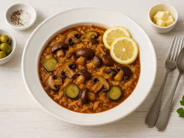 Tiefer weißer DDR-Teller mit Pilz-Soljanka auf weißem Holzuntergrund