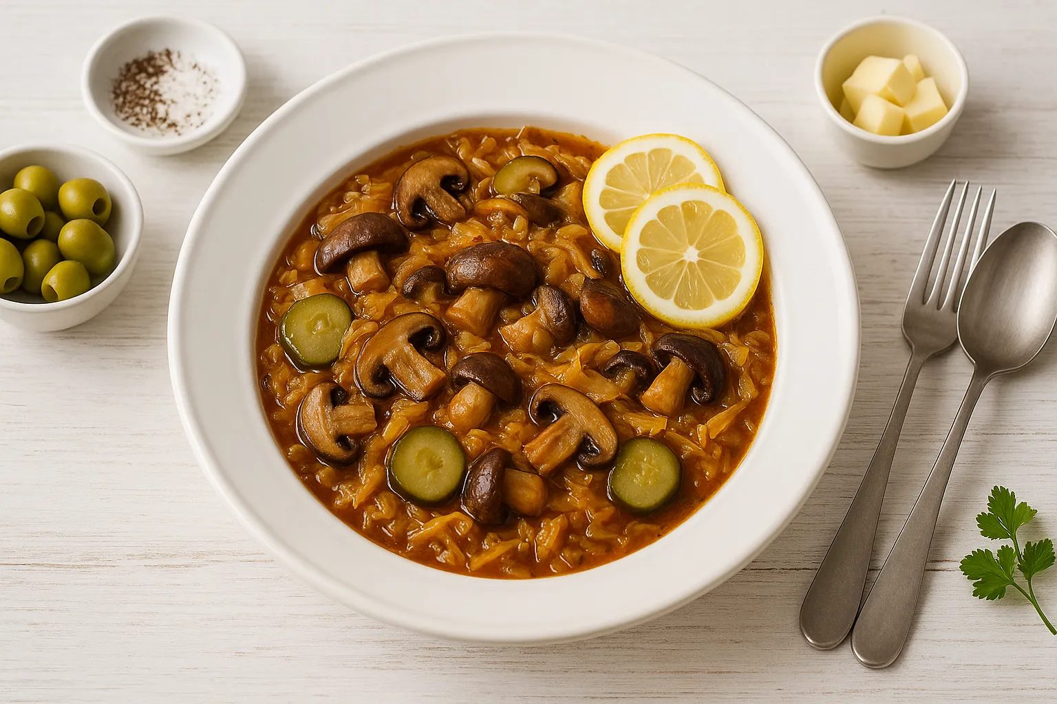 Tiefer weißer DDR-Teller mit Pilz-Soljanka auf weißem Holzuntergrund