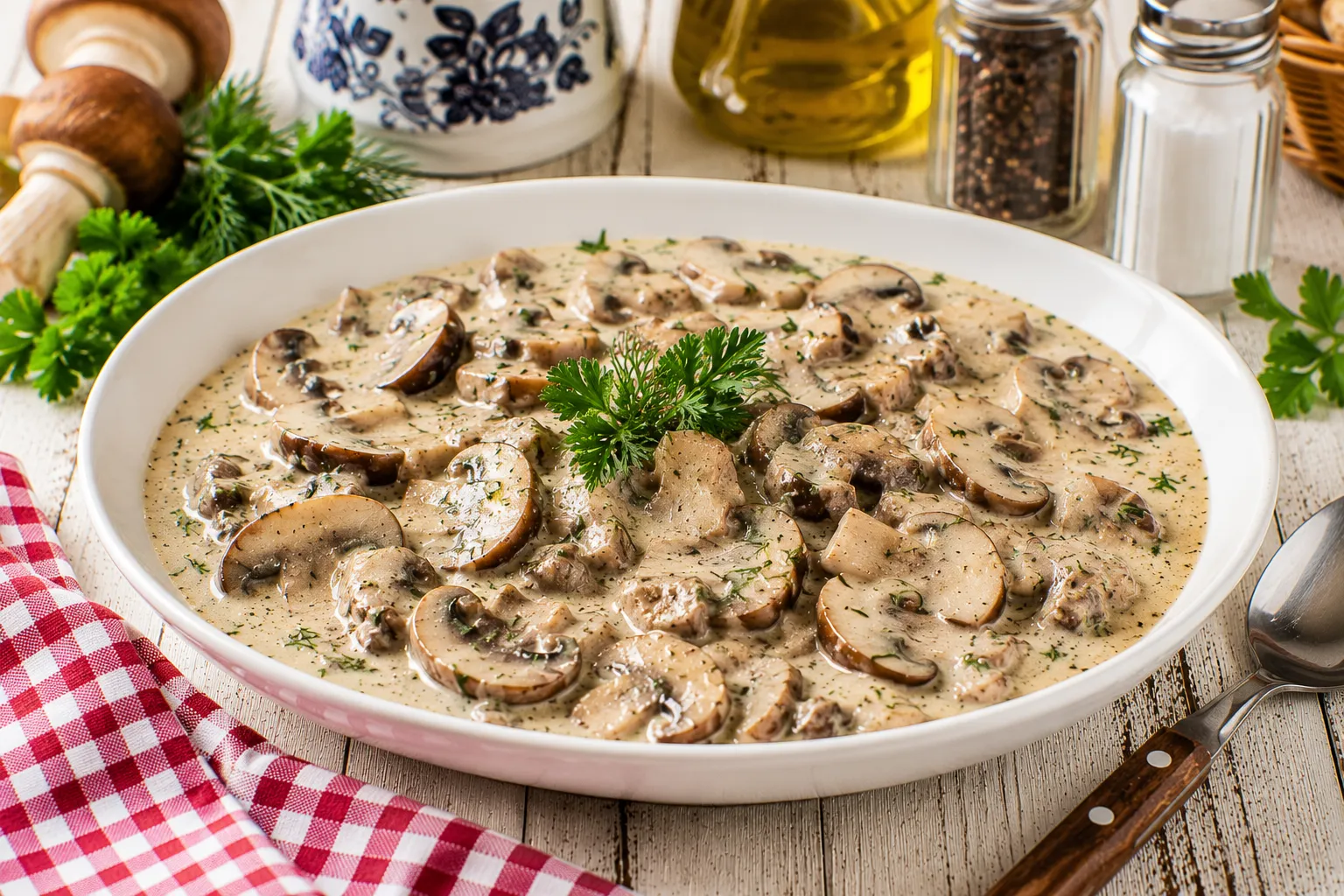 Pilze in cremiger Sahnesoße mit Petersilie und Dill in weißer Schüssel