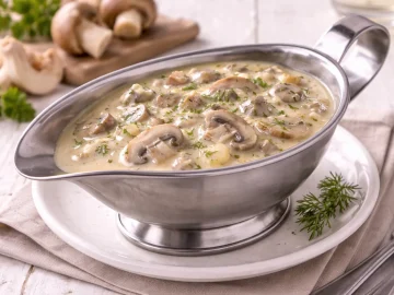 Edelstahlsauciere mit Pilzsoße aus frischen Pilzen und Zwiebeln, serviert auf weißem Holzhintergrund mit sichtbarer Maserung