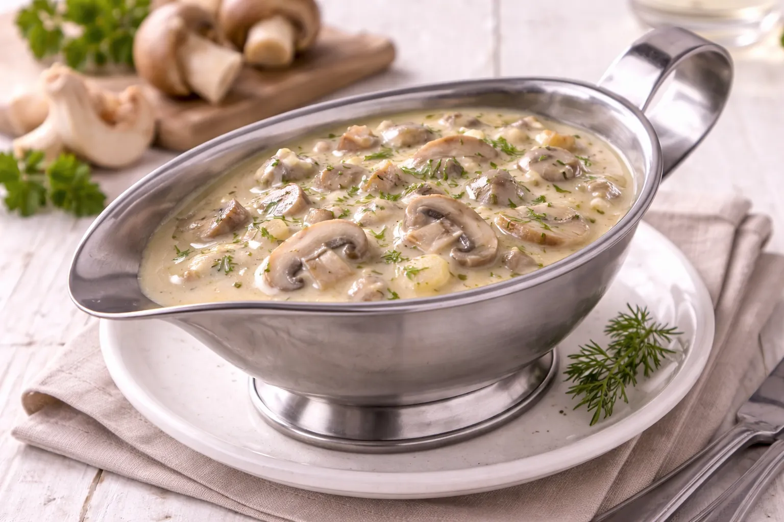 Edelstahlsauciere mit Pilzsoße aus frischen Pilzen und Zwiebeln, serviert auf weißem Holzhintergrund mit sichtbarer Maserung