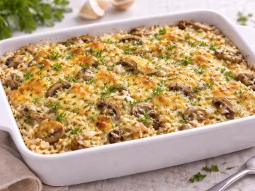 Überbackener Reis mit Pilzen und Käsekruste in weißer Auflaufform auf hellem Holzhintergrund