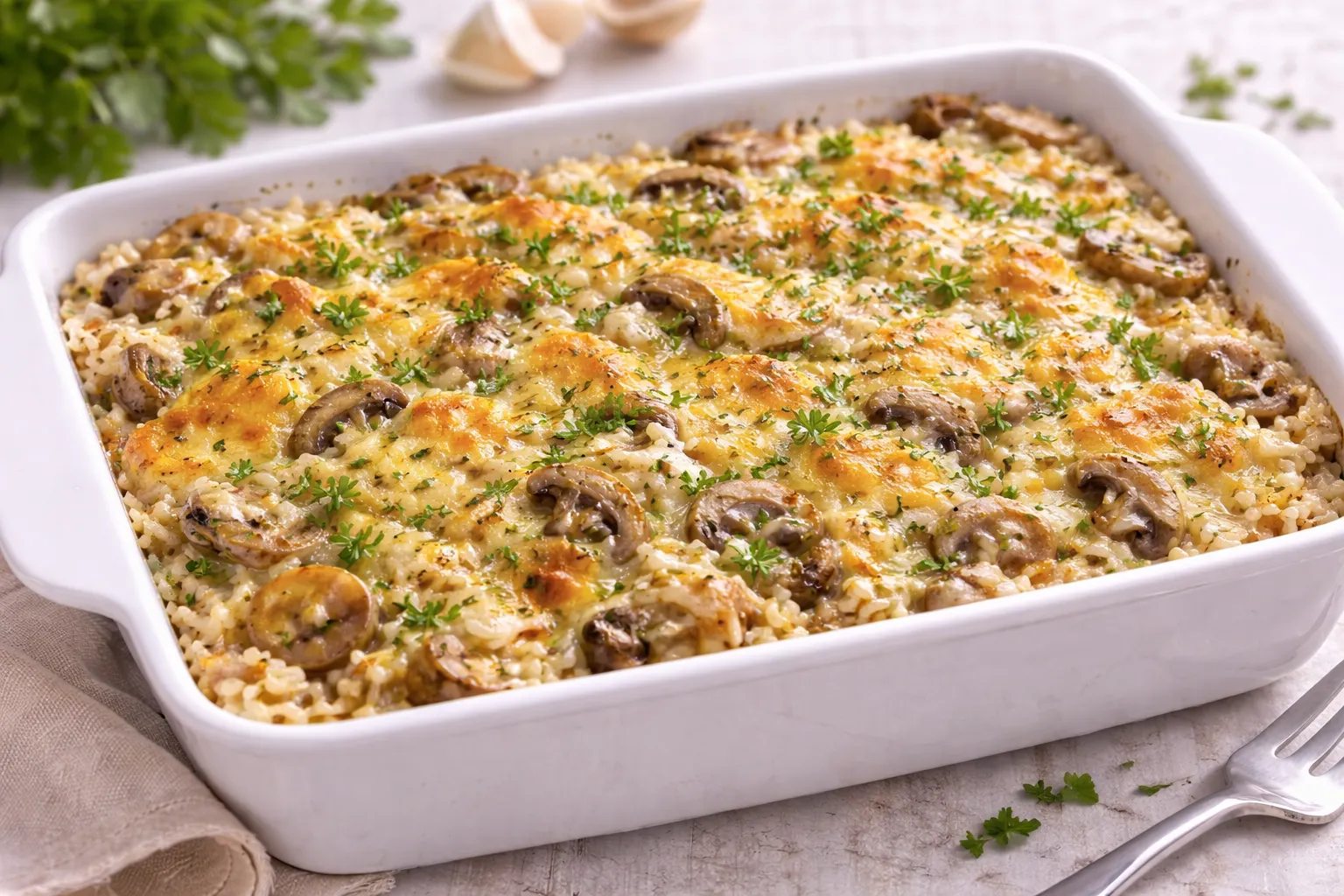 Überbackener Reis mit Pilzen und Käsekruste in weißer Auflaufform auf hellem Holzhintergrund