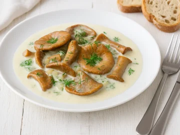 Reizker in saurer Sahne mit Zwiebeln und Dill auf weißem Teller, serviert auf weißem Holztisch mit Brot und Besteck
