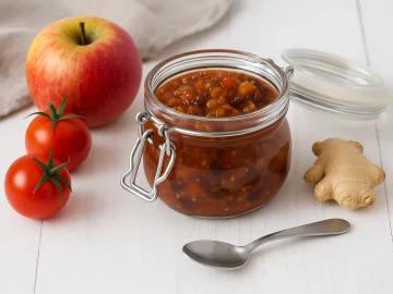 Ein Glas mit Apfel-Tomaten-Chutney, dekoriert mit frischen Äpfeln, Tomaten und Ingwer auf hellem Holzhintergrund