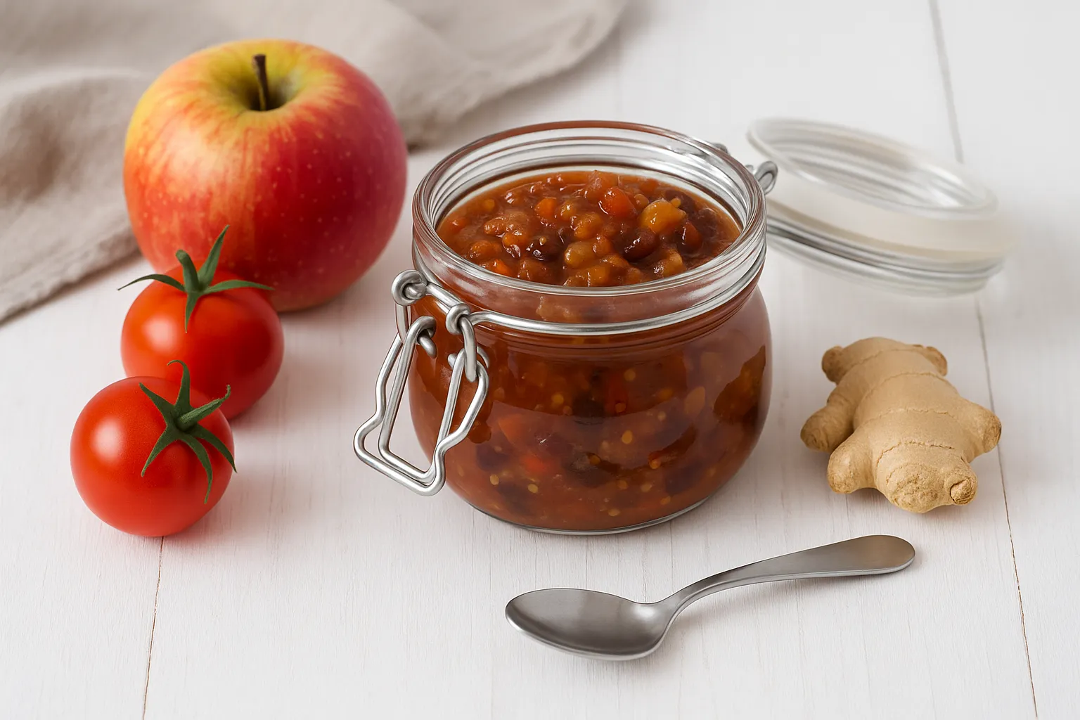 Ein Glas mit Apfel-Tomaten-Chutney, dekoriert mit frischen Äpfeln, Tomaten und Ingwer auf hellem Holzhintergrund
