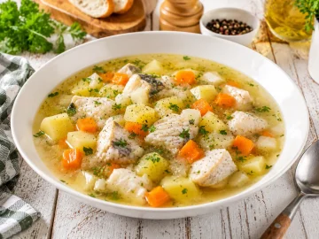 Fischersuppe mit Fischstücken, Kartoffeln, Möhren und Sellerie in einem modernen weißen tiefen Teller.