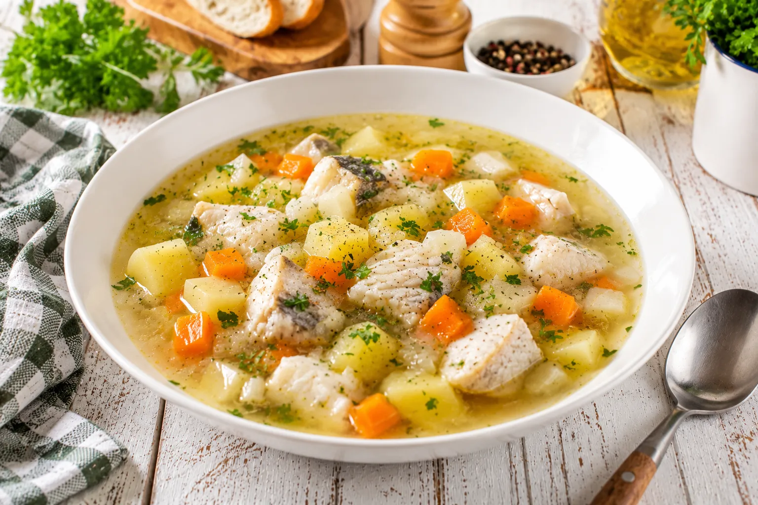 Fischersuppe mit Fischstücken, Kartoffeln, Möhren und Sellerie in einem modernen weißen tiefen Teller.