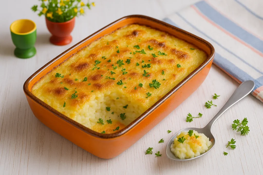 Gebackenes Kartoffelpüree mit goldbrauner Kruste in orangefarbener Auflaufform im DDR-Stil, auf weißem Holz, umgeben von Kräutern, Besteck und bunter Deko, fotorealistisch, Breitformat.