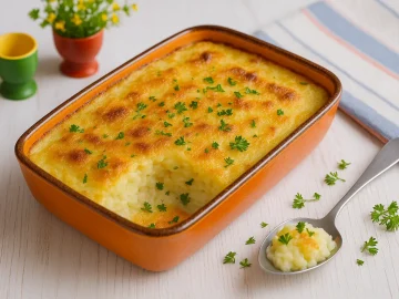 Gebackenes Kartoffelpüree mit goldbrauner Kruste in orangefarbener Auflaufform im DDR-Stil, auf weißem Holz, umgeben von Kräutern, Besteck und bunter Deko, fotorealistisch, Breitformat.