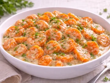 Gedünstete Möhrenstücke in cremiger Sahnesoße, garniert mit Kräutern, auf hellem Holzhintergrund