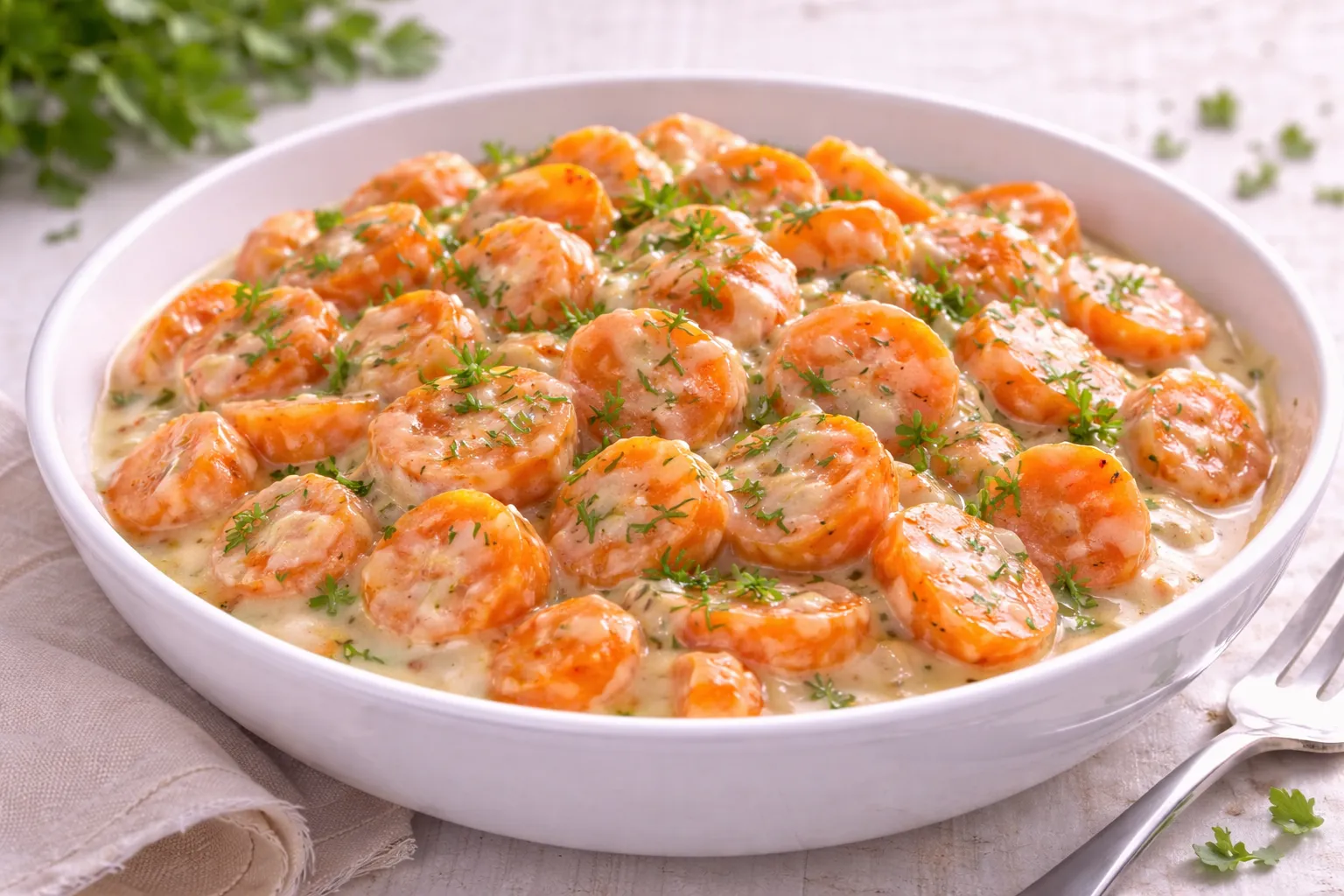 Gedünstete Möhrenstücke in cremiger Sahnesoße, garniert mit Kräutern, auf hellem Holzhintergrund