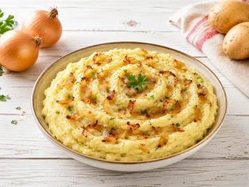 Cremiges Kartoffel-Zwiebel-Püree mit Muskat und frischen Kräutern auf einem modernen weißen Teller.