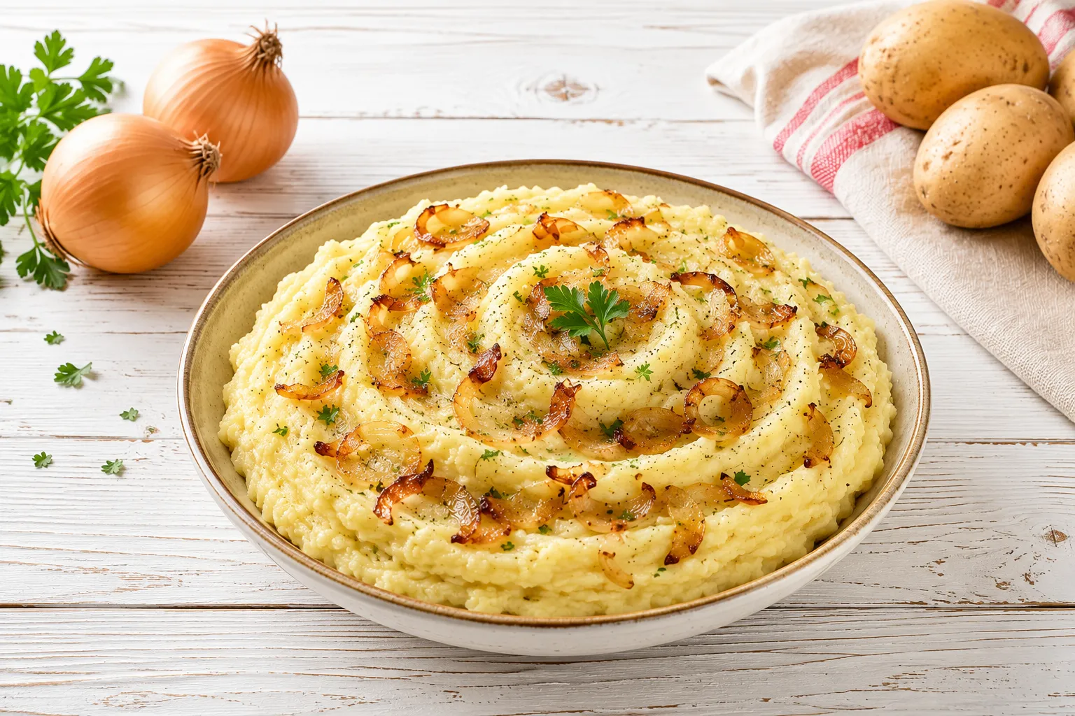 Cremiges Kartoffel-Zwiebel-Püree mit Muskat und frischen Kräutern auf einem modernen weißen Teller.