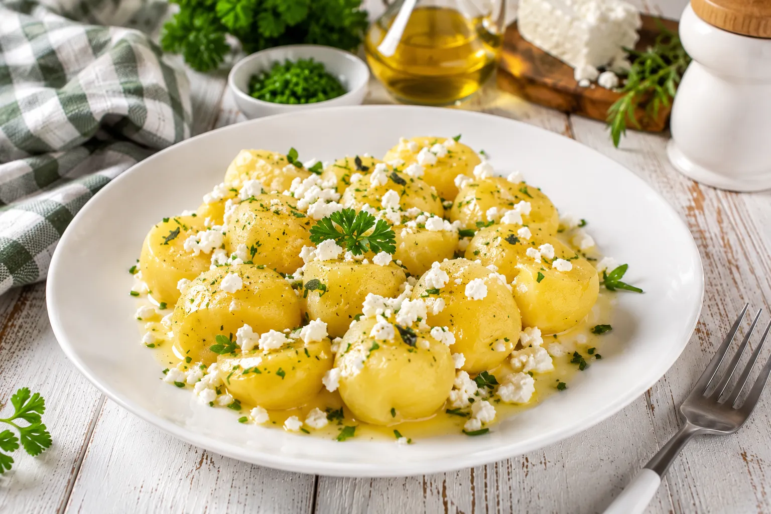 Kartoffeln mit zerbröseltem Schafskäse, Butter und frischen Kräutern auf einem modernen weißen Teller.