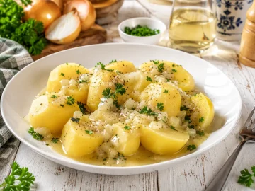 Kartoffeln mit cremiger Weißweinsoße, Zwiebeln und frischer Petersilie auf einem modernen weißen Teller.