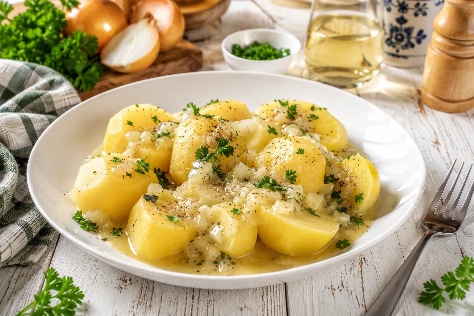 Kartoffeln mit cremiger Weißweinsoße, Zwiebeln und frischer Petersilie auf einem modernen weißen Teller.
