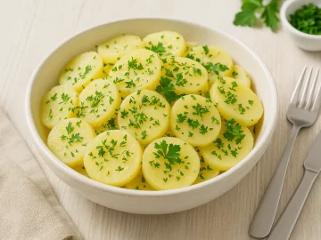 Kartoffelsalat mit Essig, Öl und Kräutern in rustikaler Schüssel auf Holztisch