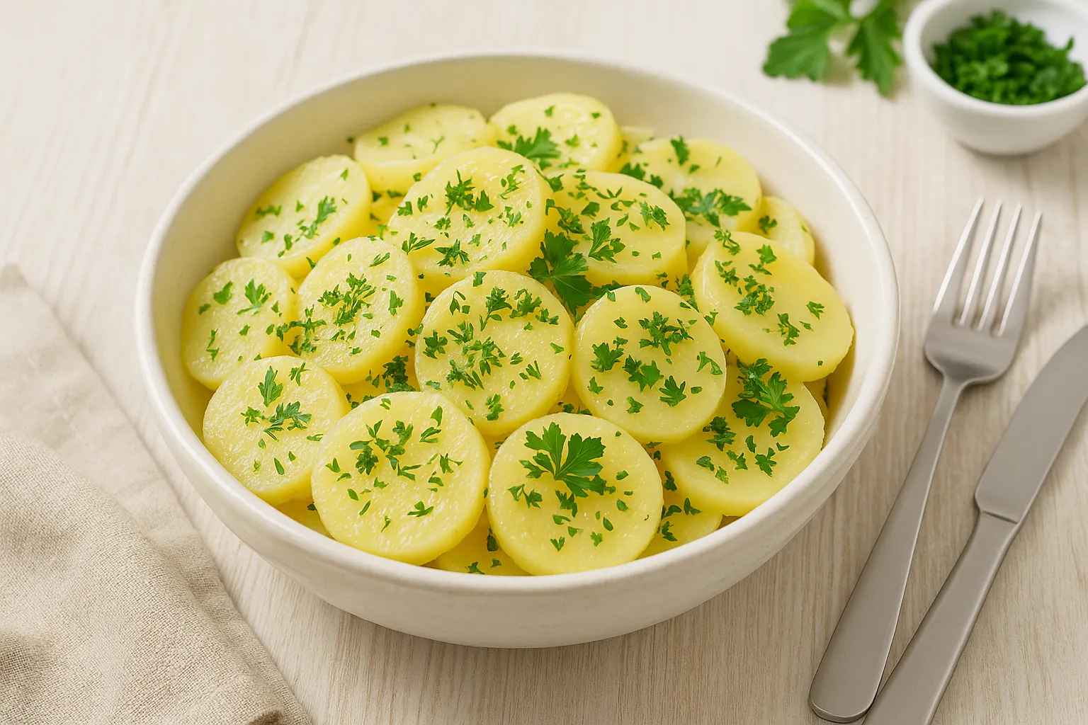 Kartoffelsalat mit Essig, Öl und Kräutern in rustikaler Schüssel auf Holztisch