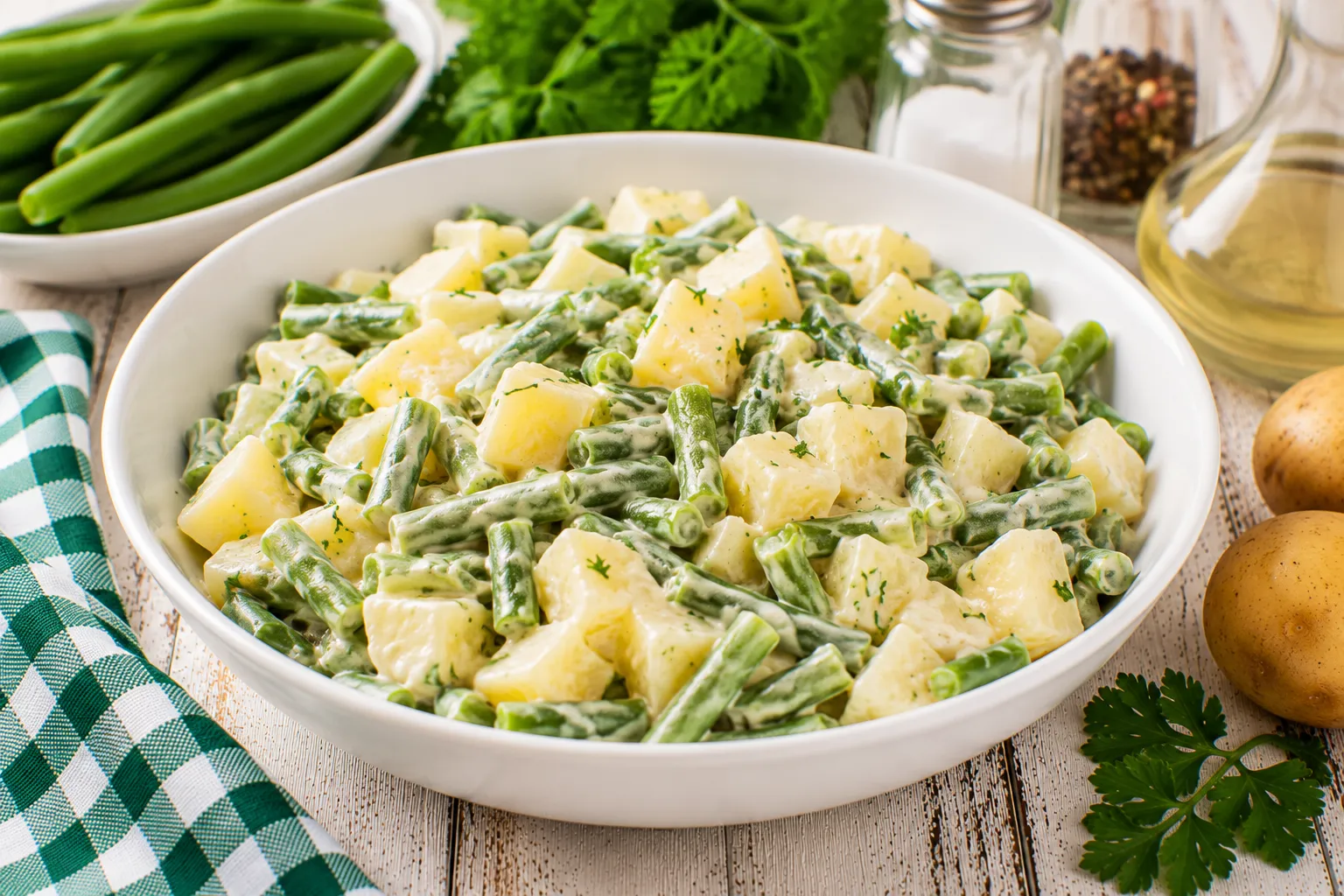 Cremiger Kartoffelsalat mit grünen Bohnen in einer weißen Schüssel