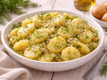 Kartoffelsalat mit Zwiebeln, Knoblauch und Dill in weißer Schüssel auf hellem Holztisch