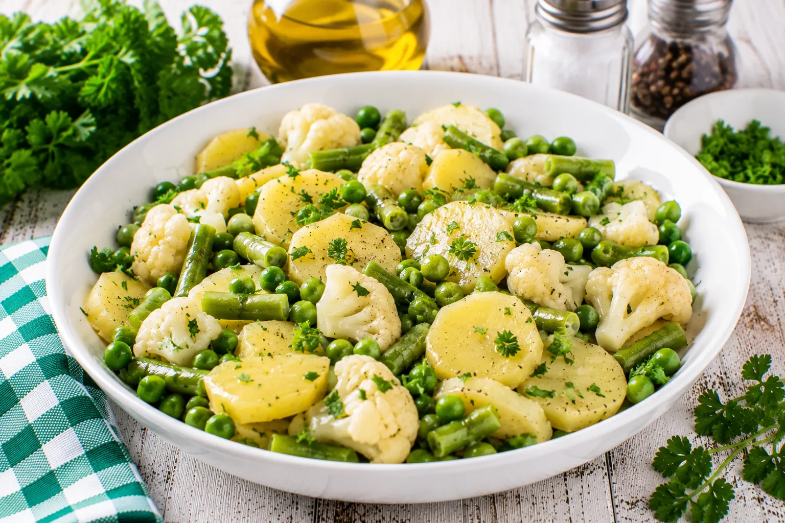 Bunter Kartoffelsalat mit Bohnen, Erbsen und Blumenkohl