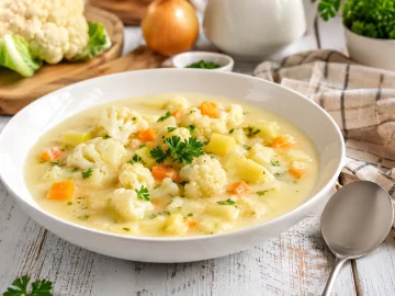 Cremige Kartoffelsuppe mit Blumenkohl, Kartoffelwürfeln und Wurzelgemüse in einem weißen tiefen Teller auf rustikalem Holztisch.