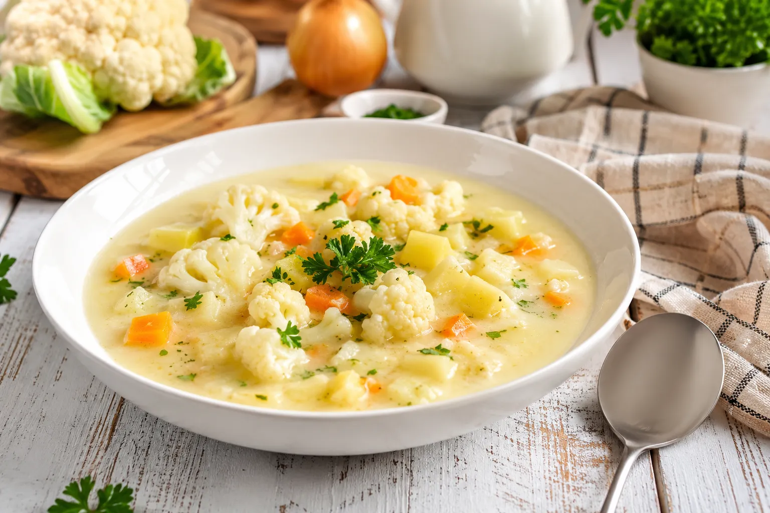 Cremige Kartoffelsuppe mit Blumenkohl, Kartoffelwürfeln und Wurzelgemüse in einem weißen tiefen Teller auf rustikalem Holztisch.