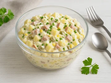 Neunerlei-Salat in moderner Glasschüssel mit Kartoffeln, Eiern, Gurken, Äpfeln und Fleischstückchen