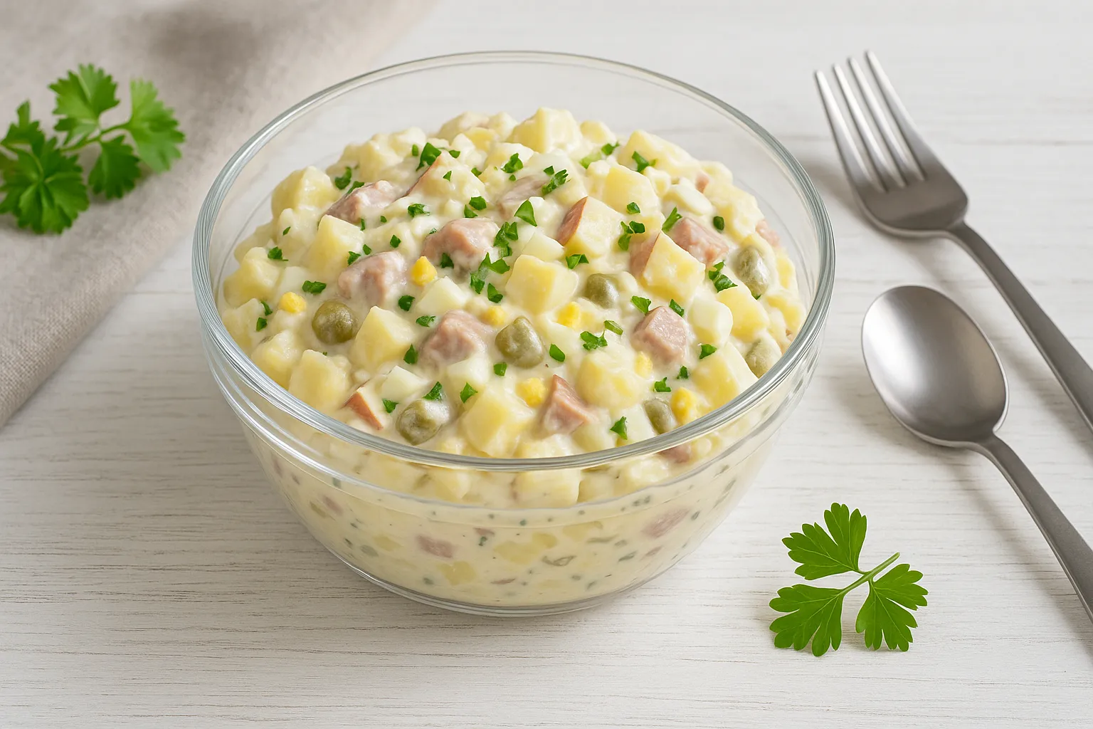 Neunerlei-Salat in moderner Glasschüssel mit Kartoffeln, Eiern, Gurken, Äpfeln und Fleischstückchen