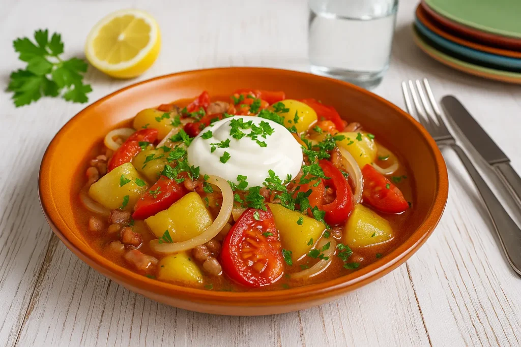 Budapester Schmorgurken auf orangefarbener Schale, gelbe Gurkenstücke, Paprika, Tomaten, Zwiebeln und Speck mit saurer Sahne und frischen Kräutern, auf weißem Holztisch, modernes Besteck, viel Dekoration.