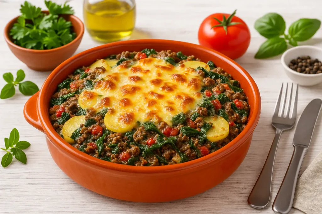  Bunter Hackfleisch-Auflauf, mit Kartoffeln, Spinat und Hackfleisch, überbacken mit Gouda, in einer orangefarbenen Auflaufform auf weißem Holztisch, umgeben von frischen Zutaten und Besteck.