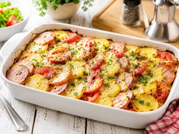 Goldbraun überbackener Kartoffelauflauf mit Fleischwurst, Tomaten und Käse in einer weißen Auflaufform.