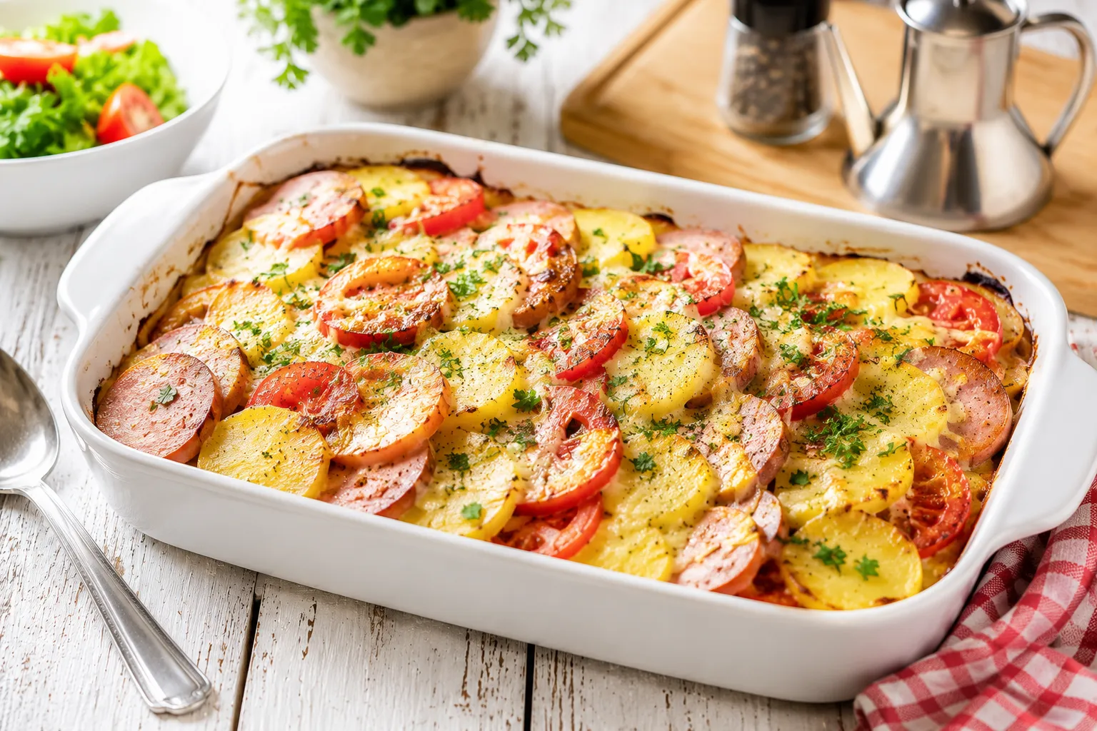 Goldbraun überbackener Kartoffelauflauf mit Fleischwurst, Tomaten und Käse in einer weißen Auflaufform.