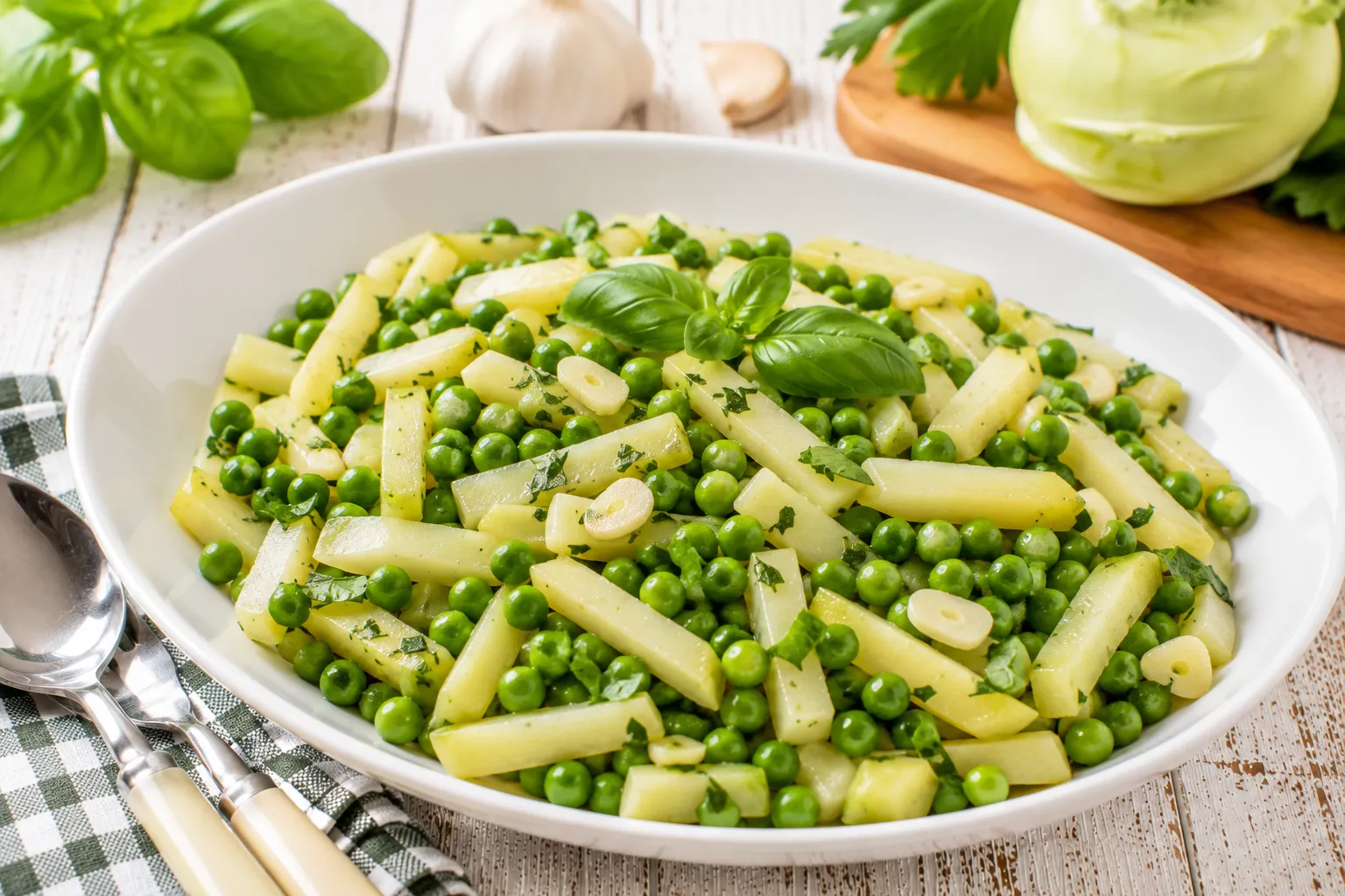 Erbsen-Kohlrabi-Gemüse mit frischem Basilikum und Knoblauch in einer modernen weißen Servierschüssel.
