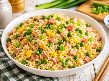Gebratener Reis mit Ei, Schinken, Erbsen und Frühlingszwiebeln in einer modernen weißen Schüssel.
