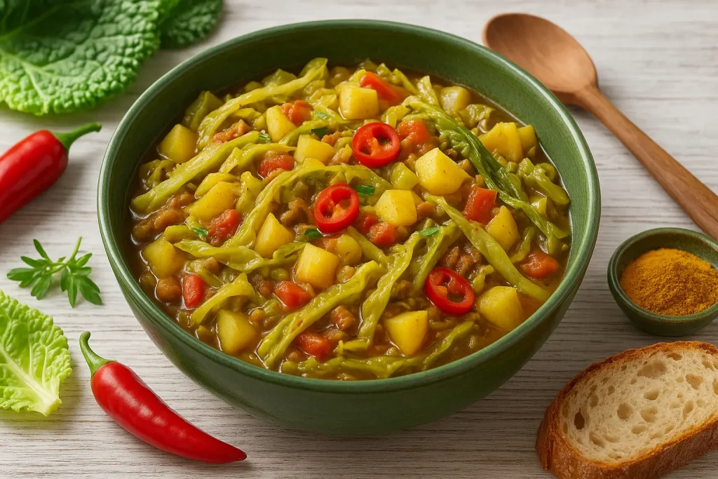 Geschmorter Kohl (Sambia) mit Kartoffeln, Tomaten und Peperoni in grüner Schüssel auf weißem Holztisch, dekoriert mit Curry und Brot.