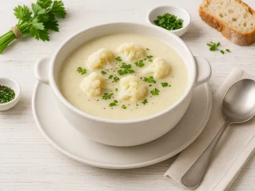 Weiße Suppenschüssel mit cremiger Blumenkohlsuppe, dekoriert mit Blumenkohlröschen und Kräutern, auf weißem Holzhintergrund mit sichtbarer Maserung.