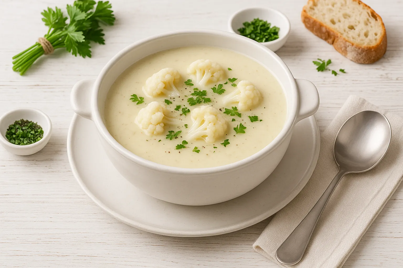 Weiße Suppenschüssel mit cremiger Blumenkohlsuppe, dekoriert mit Blumenkohlröschen und Kräutern, auf weißem Holzhintergrund mit sichtbarer Maserung.