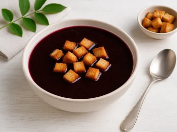 Schüssel mit Holundersuppe, dekoriert mit Zwiebackwürfeln auf weißem Holztisch