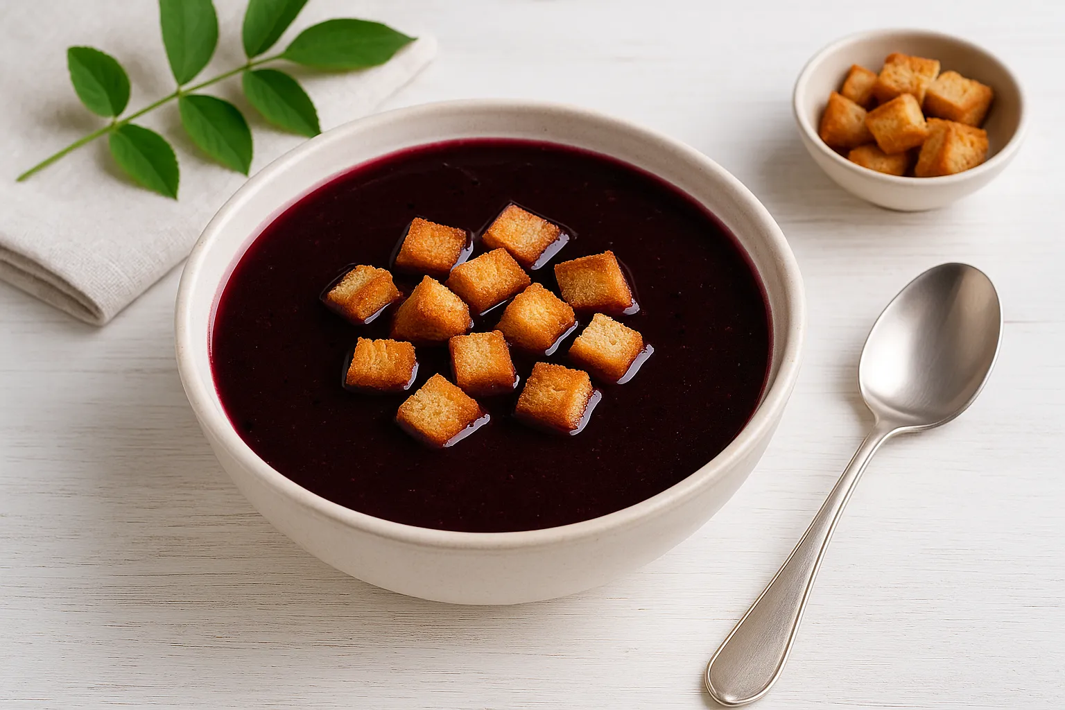 Schüssel mit Holundersuppe, dekoriert mit Zwiebackwürfeln auf weißem Holztisch