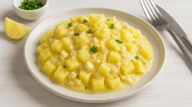 Käsekartoffeln mit Zwiebelsauce, serviert auf weißem rustikalen Teller mit hellen Kartoffelwürfeln, Zwiebelstücken und Käse, auf hellem Holzhintergrund.