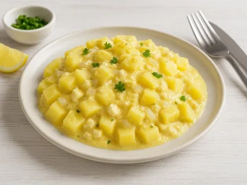 Käsekartoffeln mit Zwiebelsauce, serviert auf weißem rustikalen Teller mit hellen Kartoffelwürfeln, Zwiebelstücken und Käse, auf hellem Holzhintergrund.