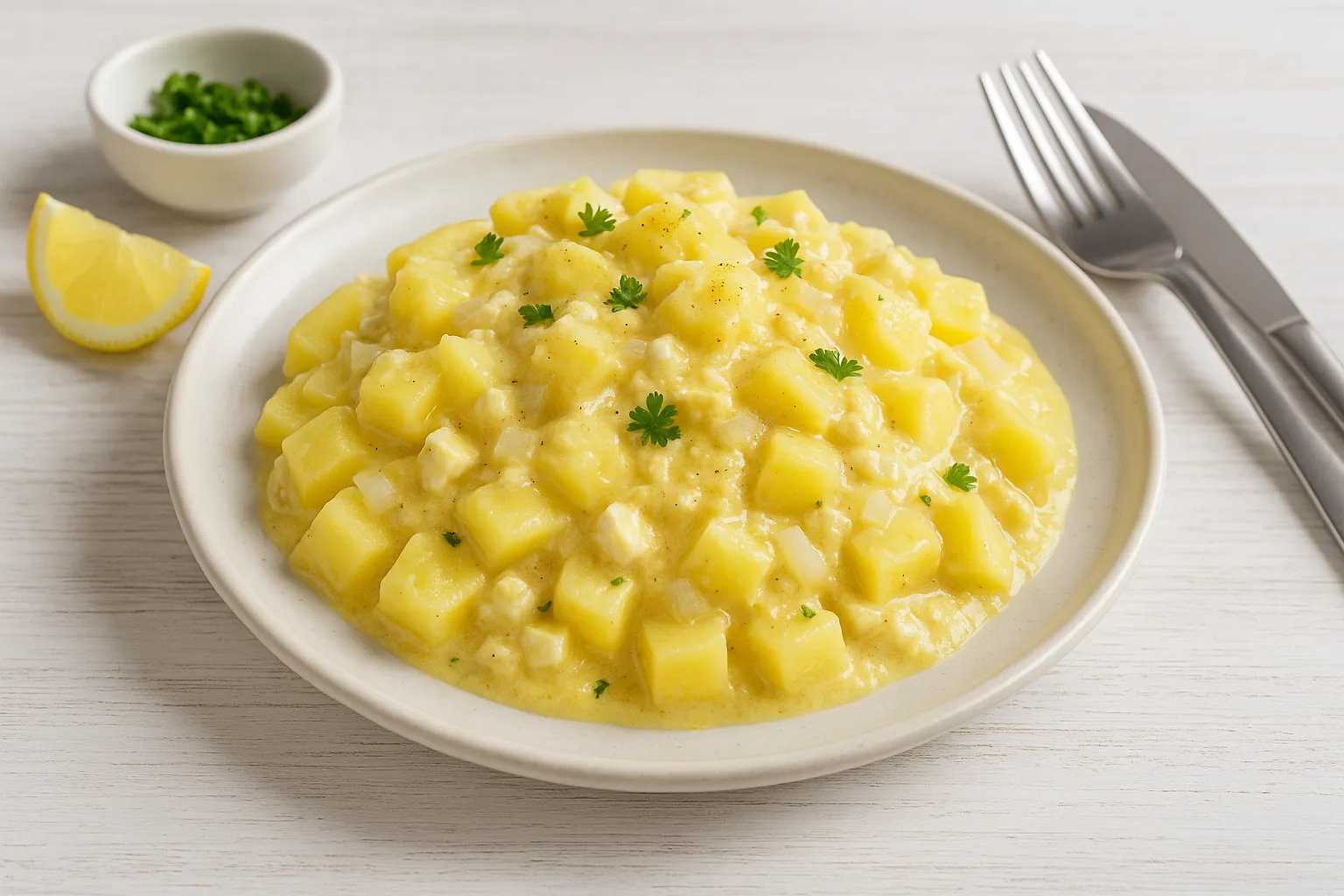 Käsekartoffeln mit Zwiebelsauce, serviert auf weißem rustikalen Teller mit hellen Kartoffelwürfeln, Zwiebelstücken und Käse, auf hellem Holzhintergrund.