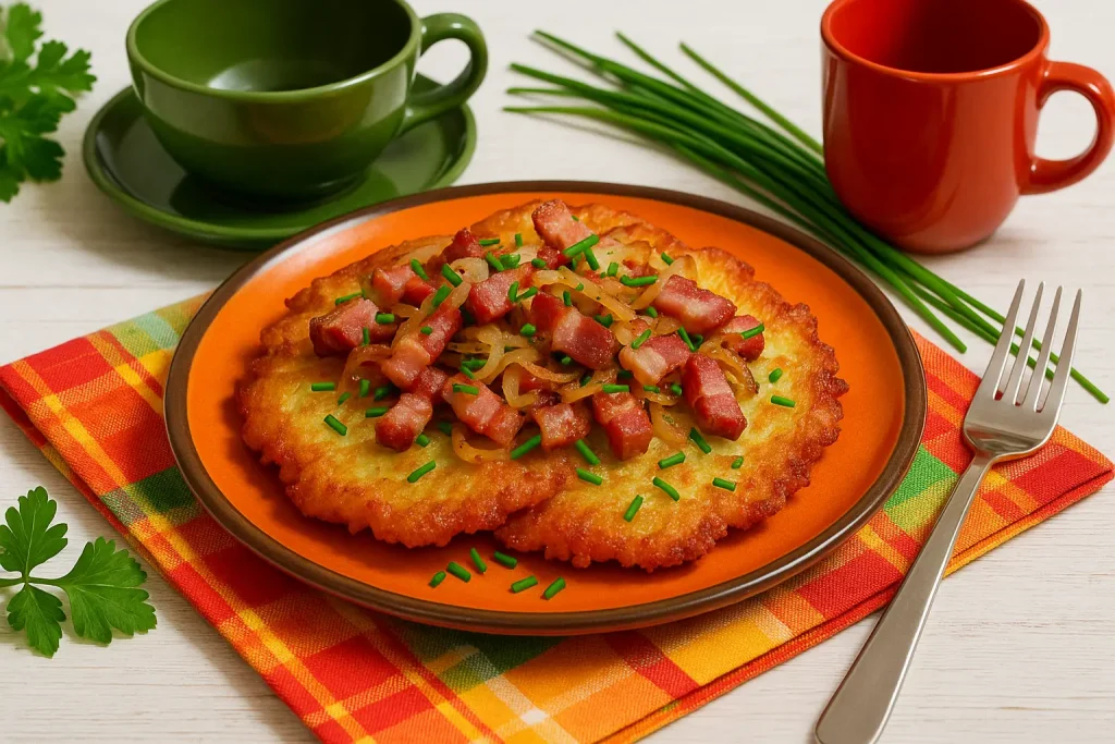  Zwei knusprige Kartoffelpuffer mit Schinkenspeck und Zwiebeln auf einem orangefarbenen Teller, dekoriert mit frischem Schnittlauch, modernem Besteck und buntem DDR-Geschirr auf weißem Holzhintergrund.