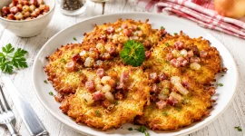 Goldbraun gebratene Kartoffelpuffer mit knusprigem Speck und gebratenen Zwiebeln auf einem modernen weißen Teller.