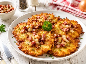 Goldbraun gebratene Kartoffelpuffer mit knusprigem Speck und gebratenen Zwiebeln auf einem modernen weißen Teller.
