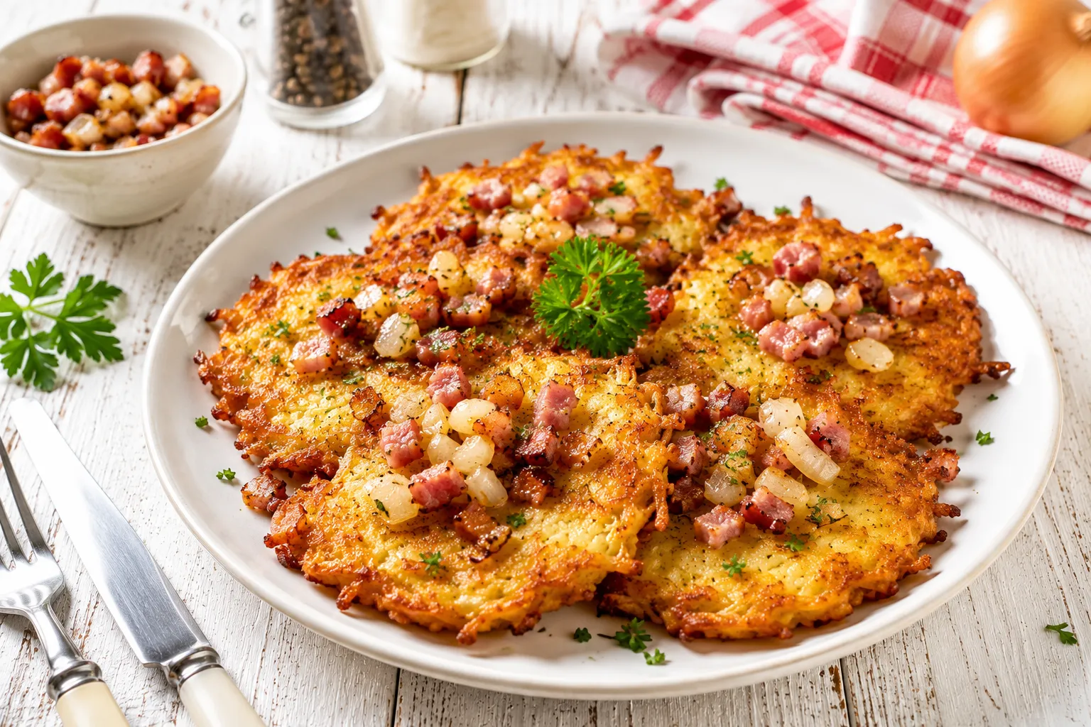 Goldbraun gebratene Kartoffelpuffer mit knusprigem Speck und gebratenen Zwiebeln auf einem modernen weißen Teller.